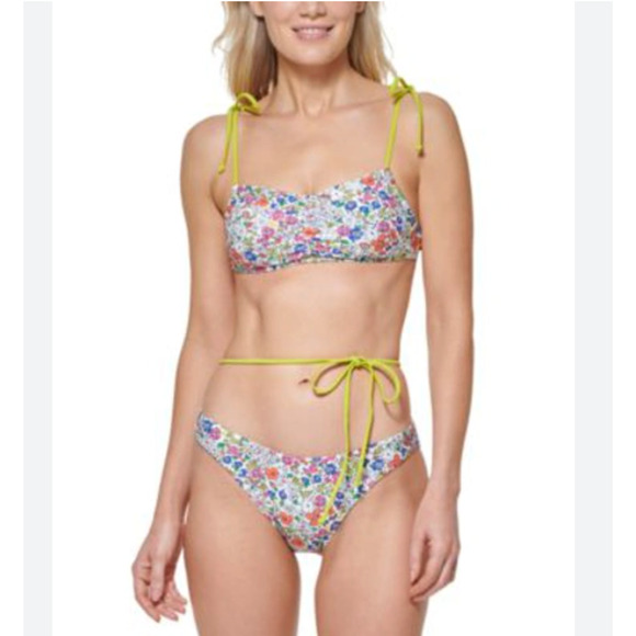 TOMMY HILFIGER 2PC Floral Bikini Top & High Leg Cheeky Swim Bikini Bottom Large - Picture 1 of 6